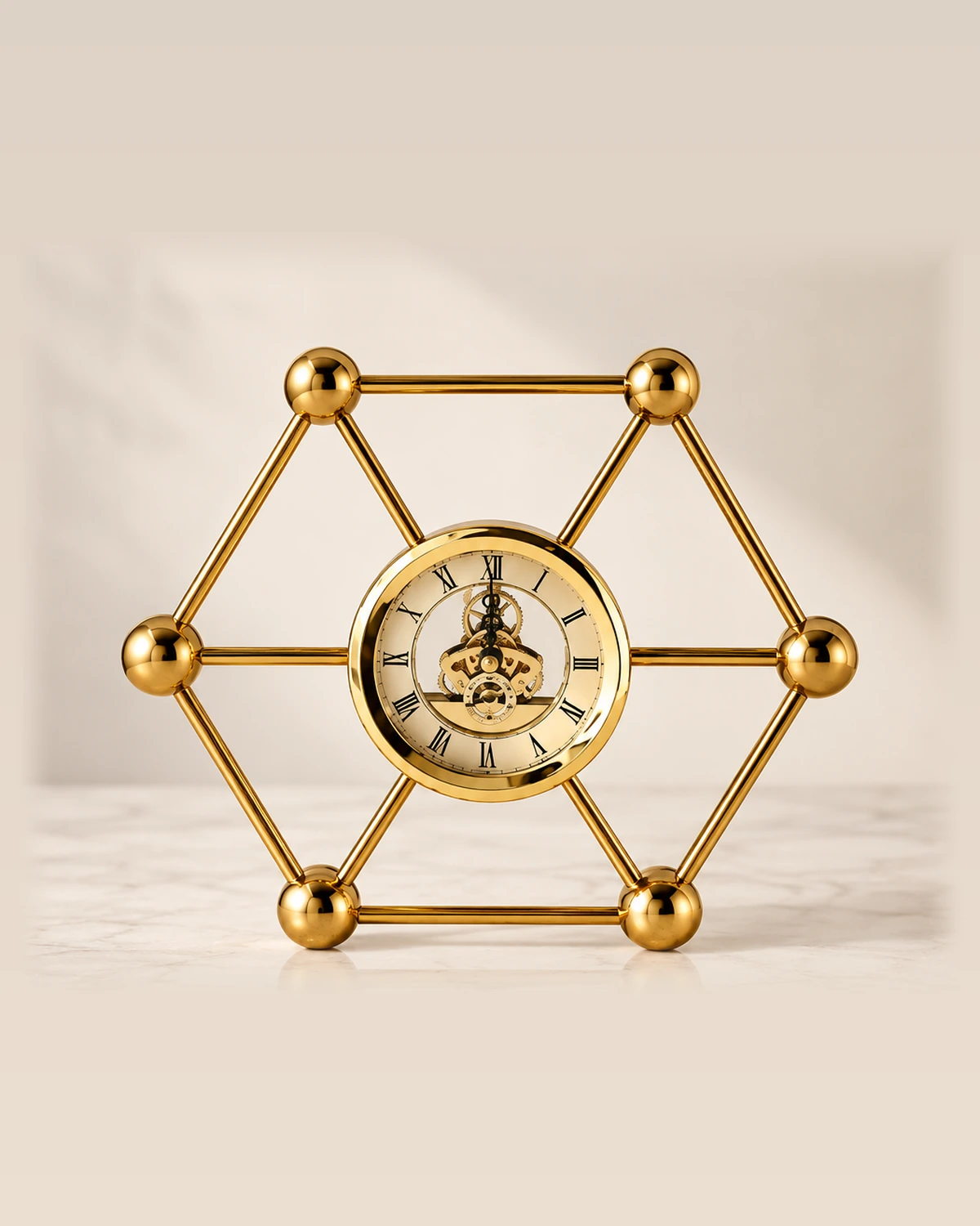 Altıgen Geometrik Gold Metal Dekoratif Masa Saati 27 x 24 x 5 cm