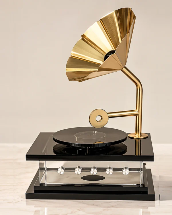 Kristal Cam Tabanlı Nostaljik Gramofon Dekoratif Obje 29 cm