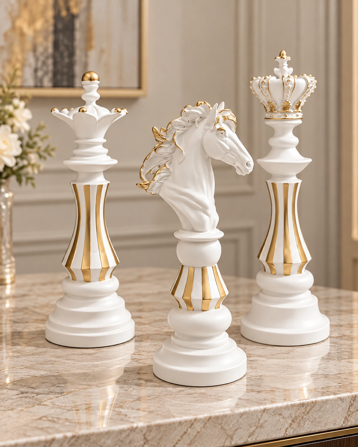Beyaz Gold Satranç Figürlü Polyester Dekoratif Biblo Şah Vezir At 33-38 cm - Görsel 2