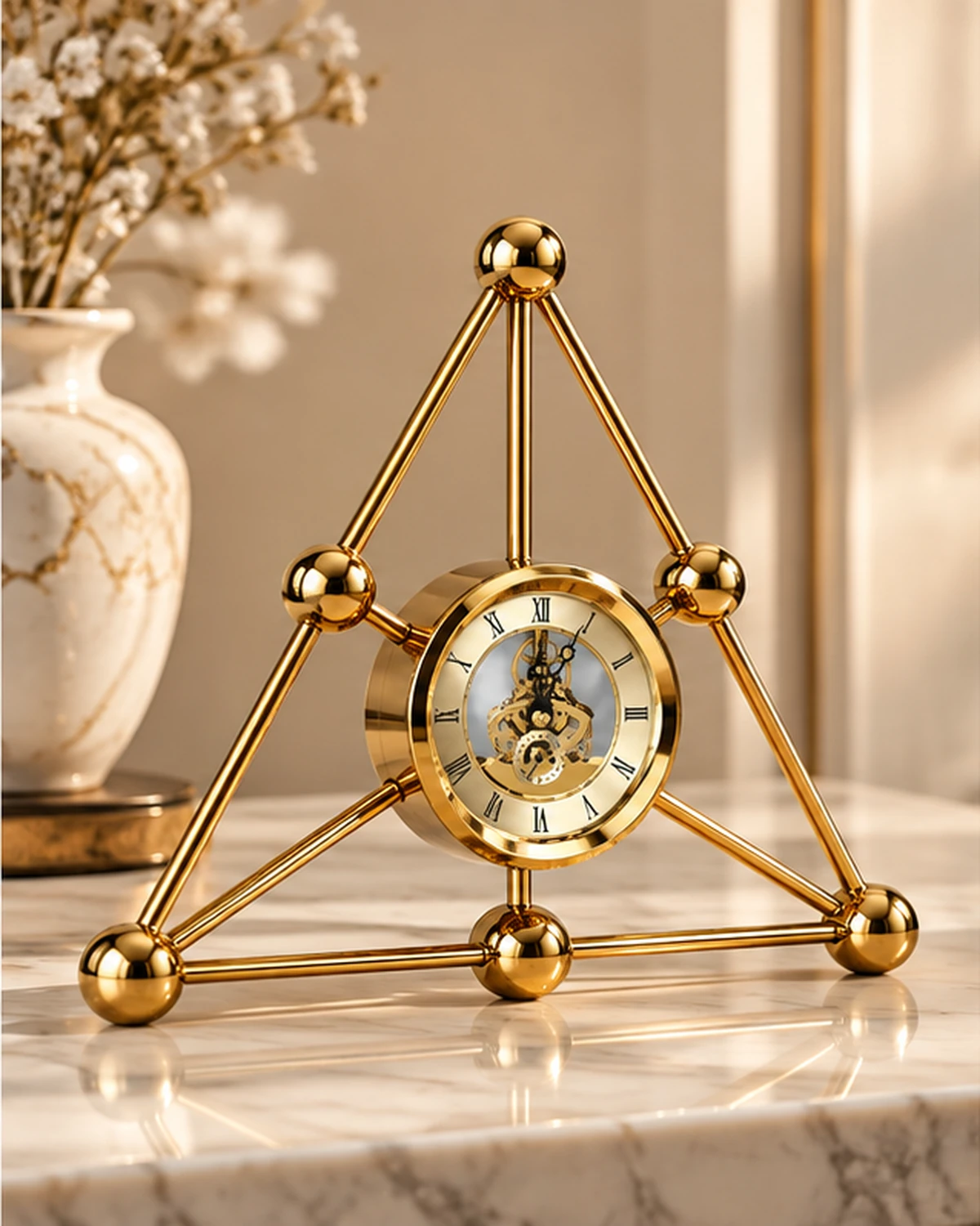 Geometrik Üçgen Tasarımlı Gold Metal Dekoratif Masa Saati 35 x 35 cm - Görsel 2