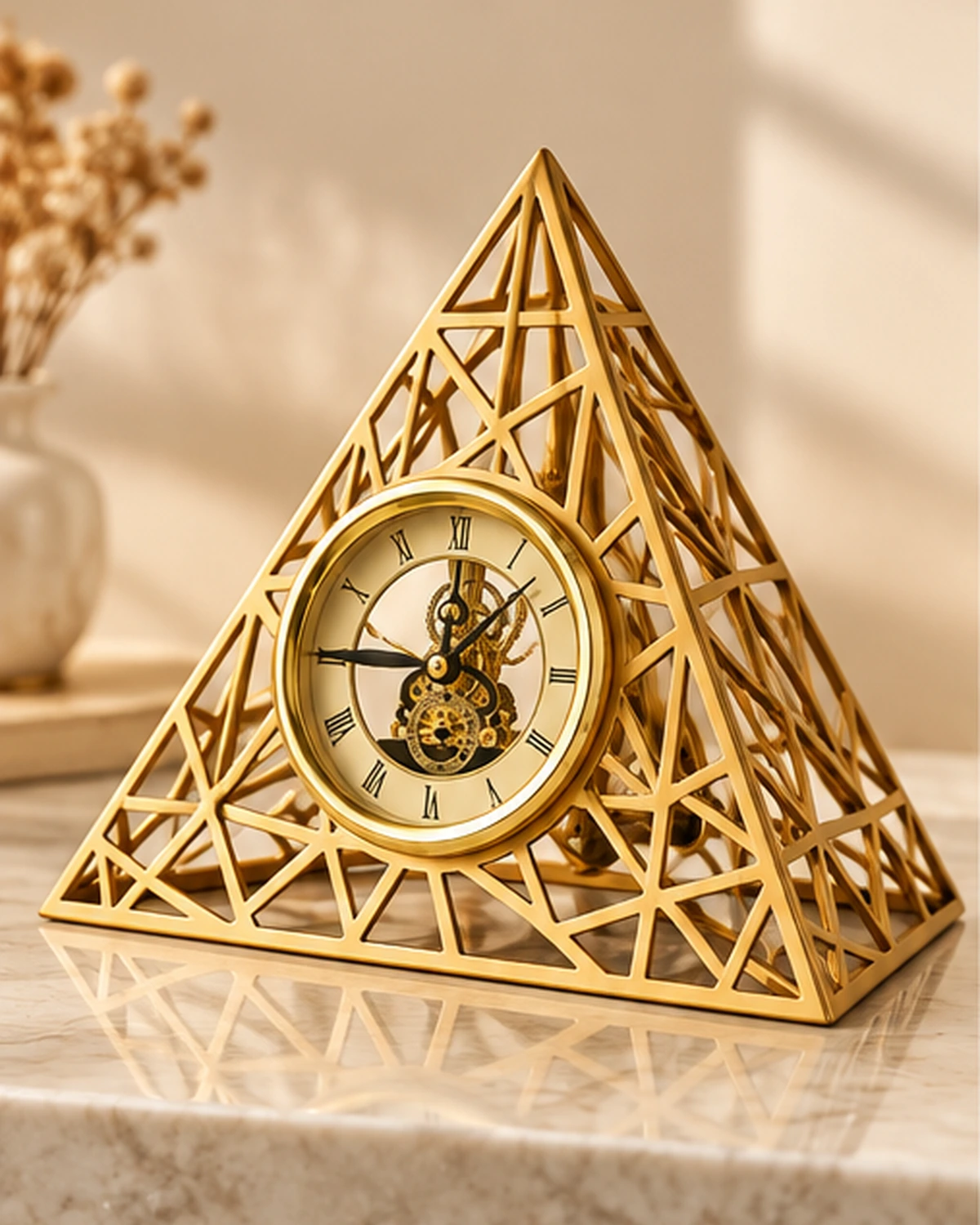 Gold Piramit Tasarımlı Geometrik Dekoratif Masa Saati 29x26x25 cm - Görsel 2