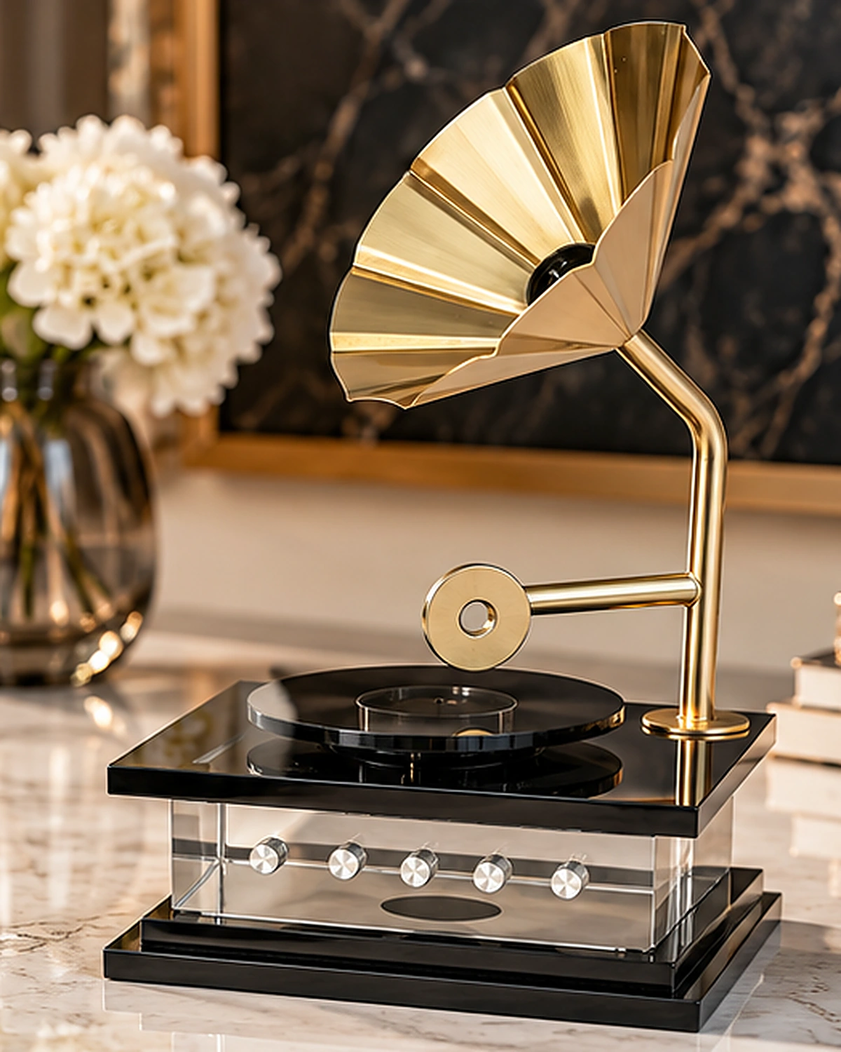 Kristal Cam Tabanlı Nostaljik Gramofon Dekoratif Obje 29 cm - Görsel 2