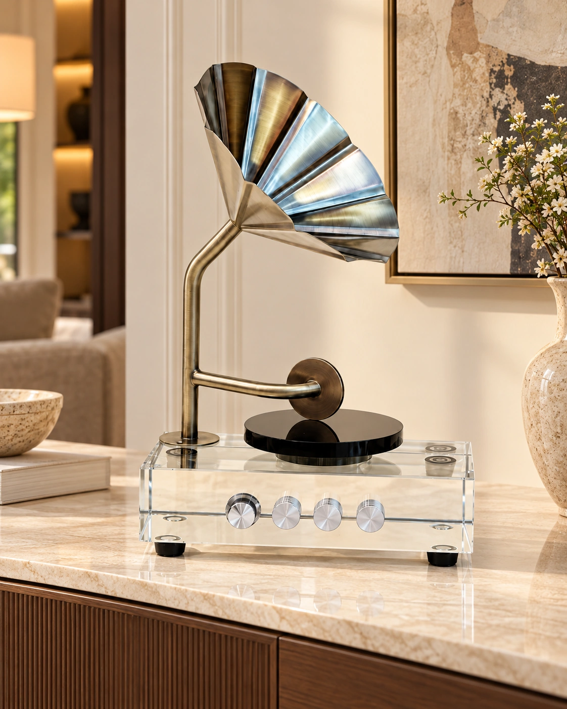 Kristal Cam Tabanlı Nostaljik Gramofon Dekoratif Obje 28 cm - Görsel 3