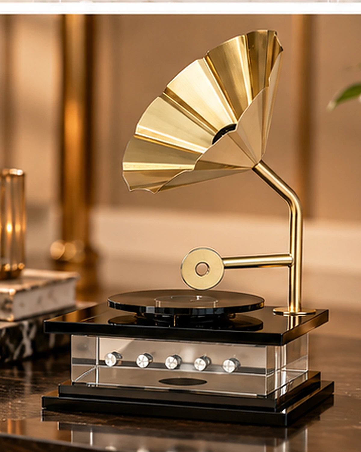Kristal Cam Tabanlı Nostaljik Gramofon Dekoratif Obje 29 cm - Görsel 3