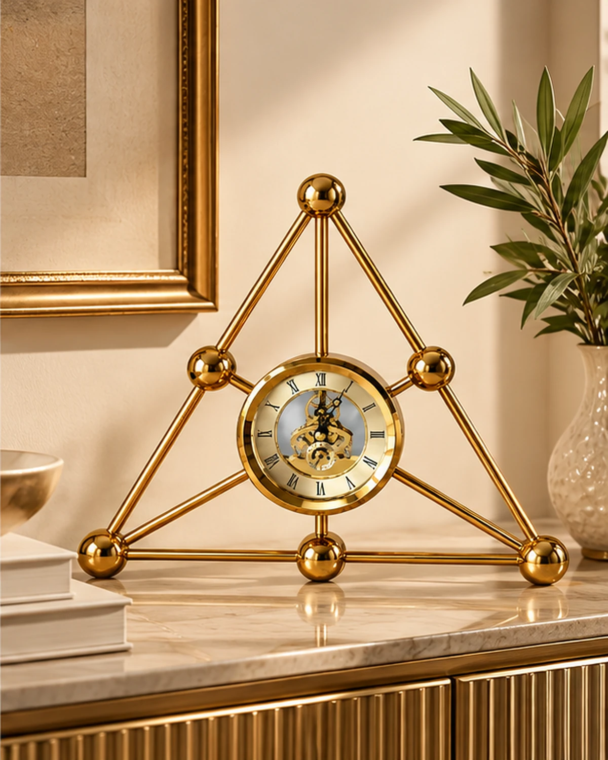 Geometrik Üçgen Tasarımlı Gold Metal Dekoratif Masa Saati 35 x 35 cm - Görsel 3