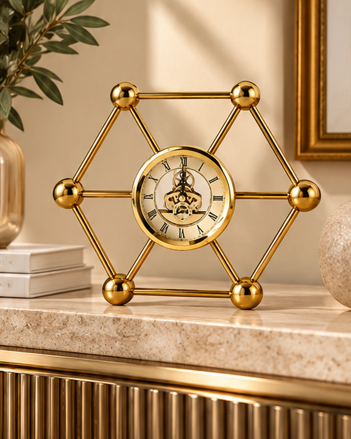 Altıgen Geometrik Gold Metal Dekoratif Masa Saati 27 x 24 x 5 cm - Görsel 3