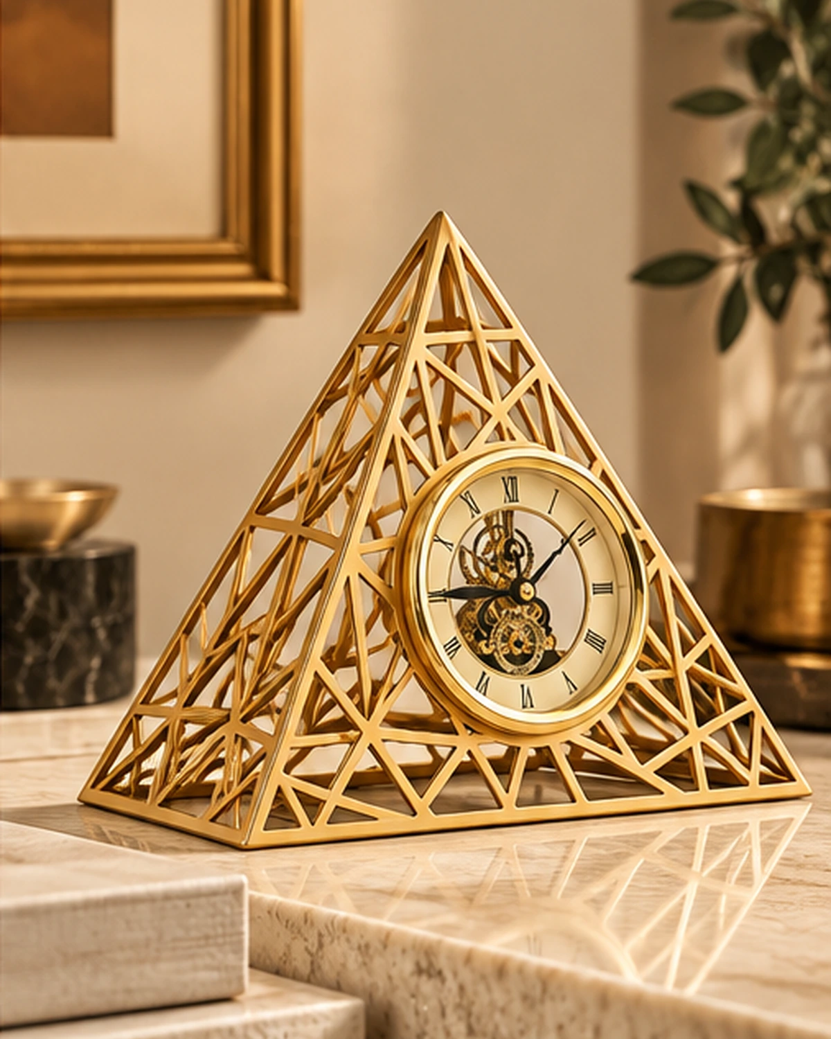Gold Piramit Tasarımlı Geometrik Dekoratif Masa Saati 29x26x25 cm - Görsel 3