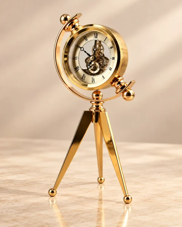 Tripod Ayaklı Gold Görünümlü Dekoratif Masa Saati 30x13 cm