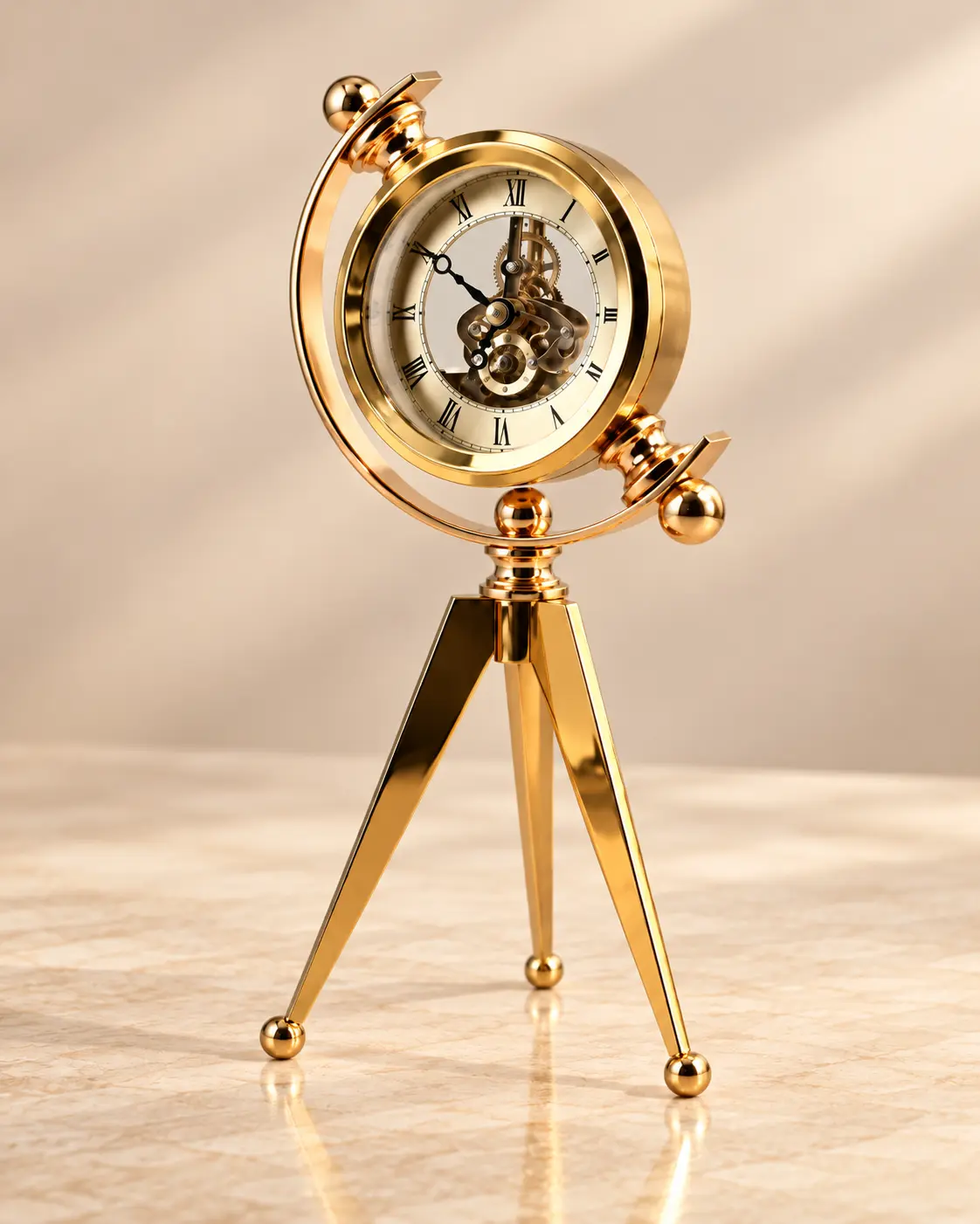 Tripod Ayaklı Gold Görünümlü Dekoratif Masa Saati 30x13 cm