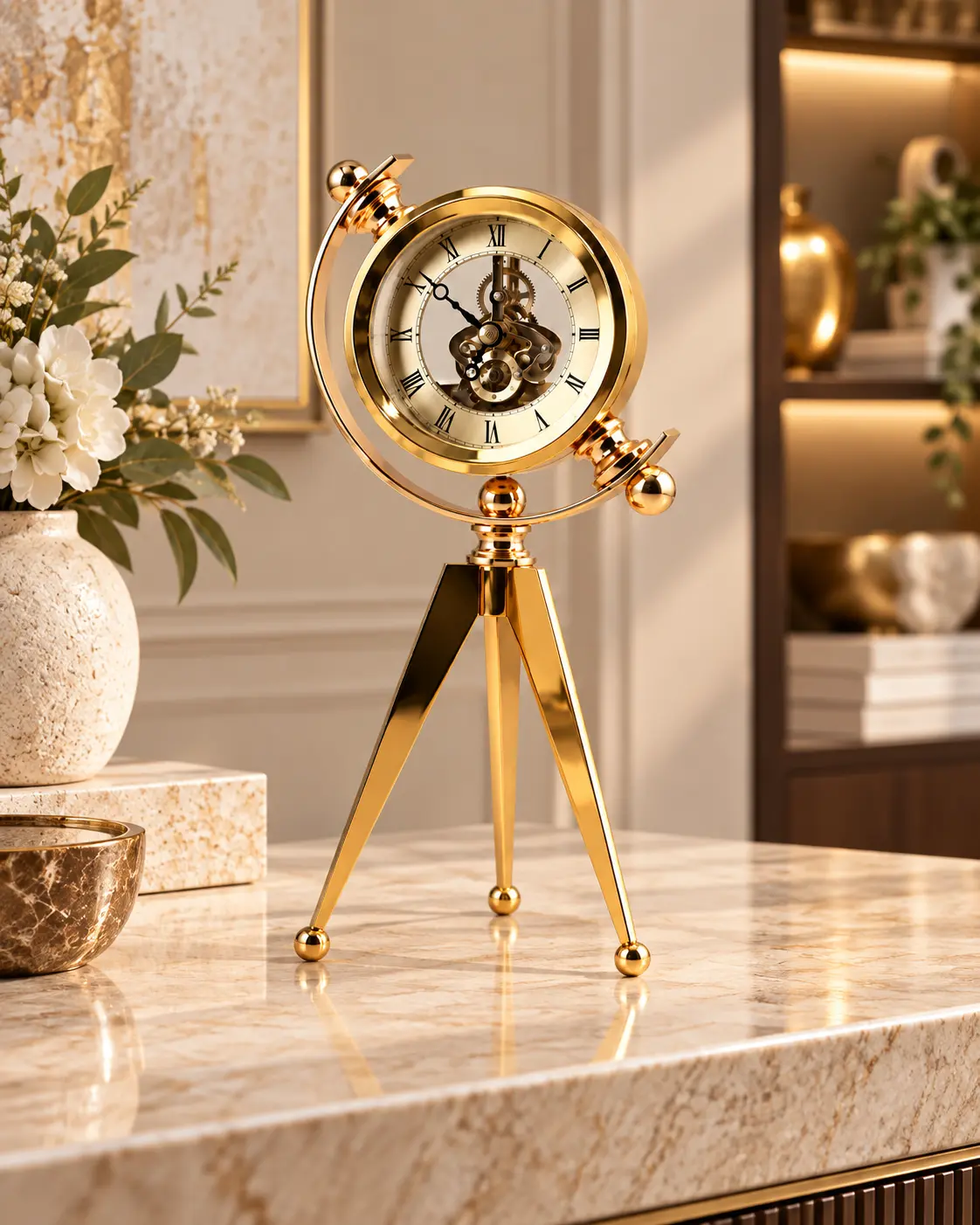 Tripod Ayaklı Gold Görünümlü Dekoratif Masa Saati 30x13 cm - Görsel 3