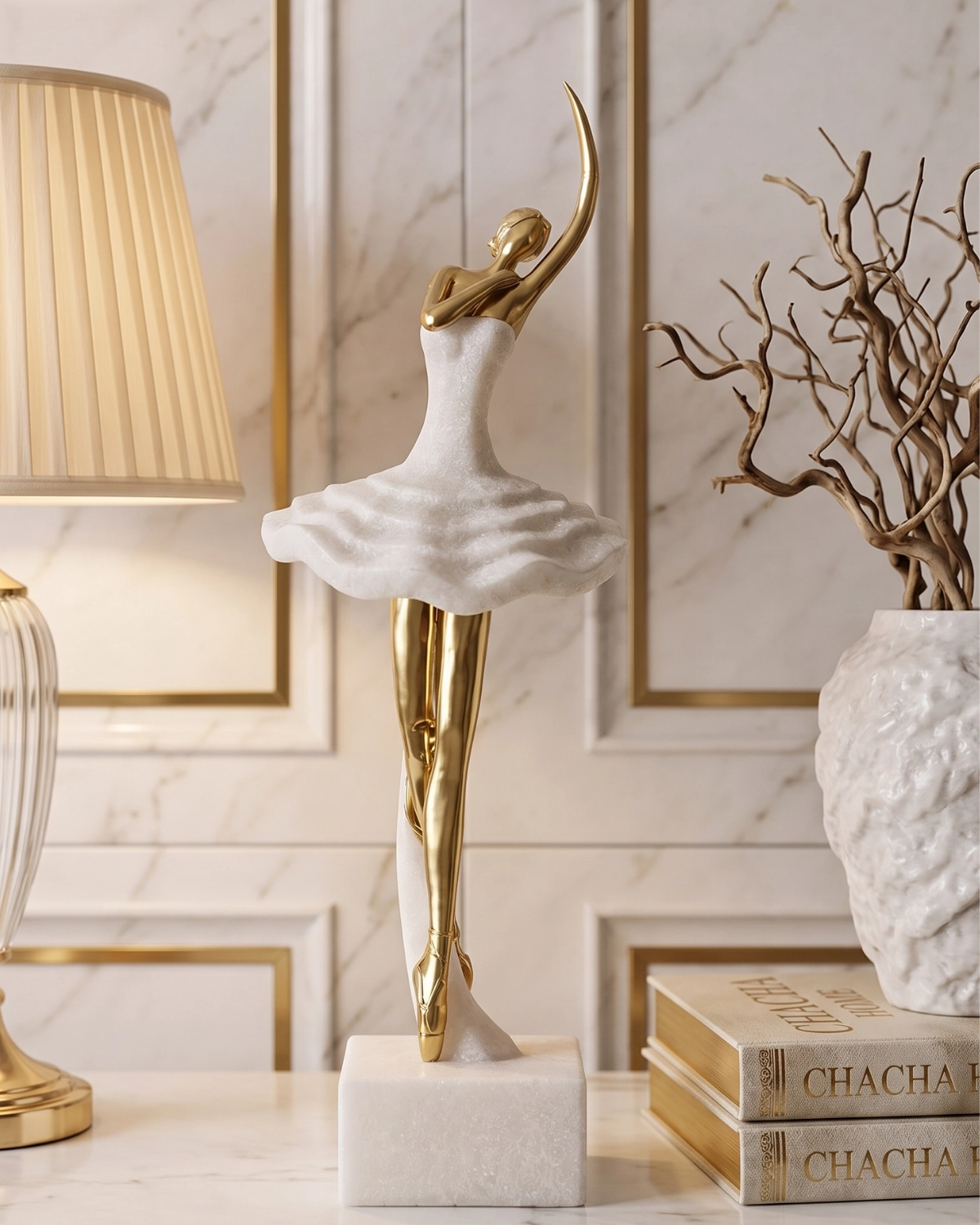 Swanera Balerin Mermer Görünümlü Gold Detaylı Dekoratif Obje 40x13 cm - Görsel 3