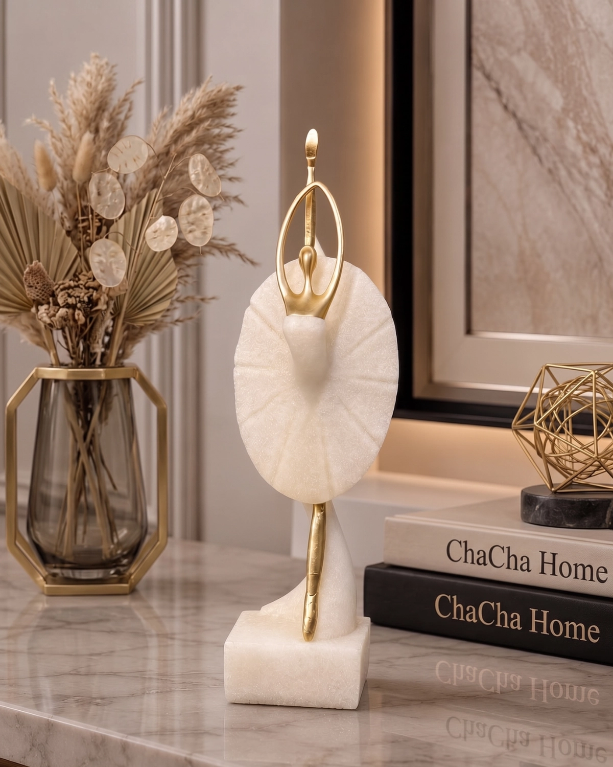Eternia Mermer Görünümlü Gold Detaylı Modern Balerin Dekoratif Obje 35x10 Cm - Görsel 3