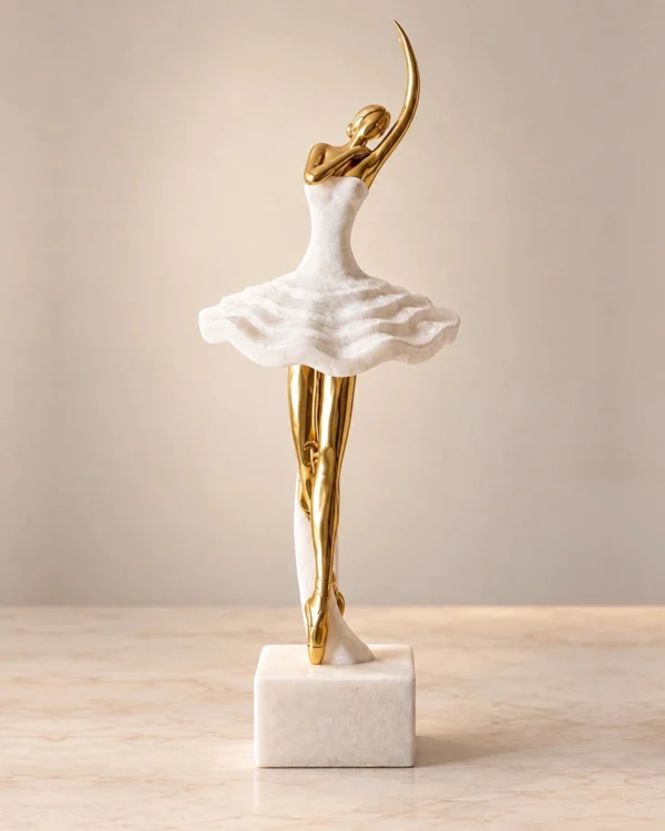 Swanera Balerin Mermer Görünümlü Gold Detaylı Dekoratif Obje 40x13 cm